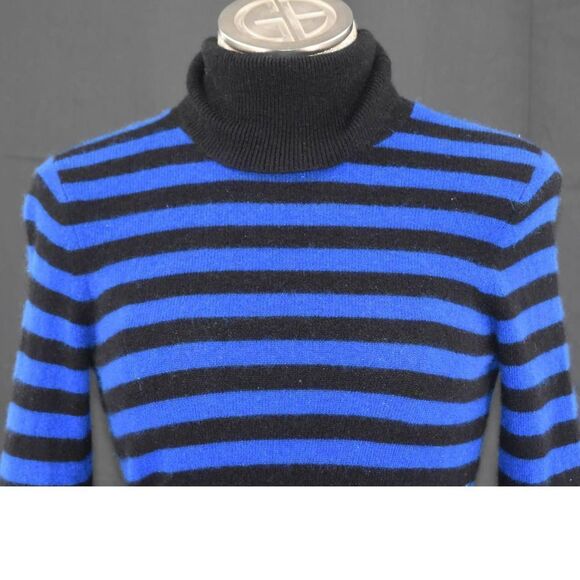 Bloomingdale's Cashmere Black and Blue Striped Turtle Neck Sweater - M - Picture 2 of 5
